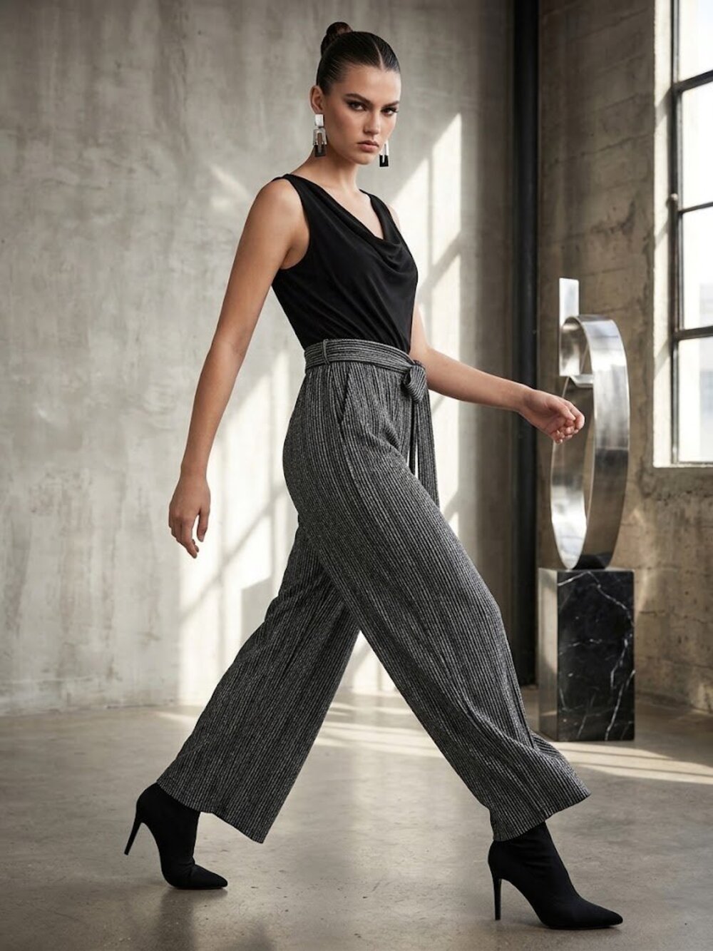Emma & Michele Black Metallic Pinstripe Jumpsuit - Size Small